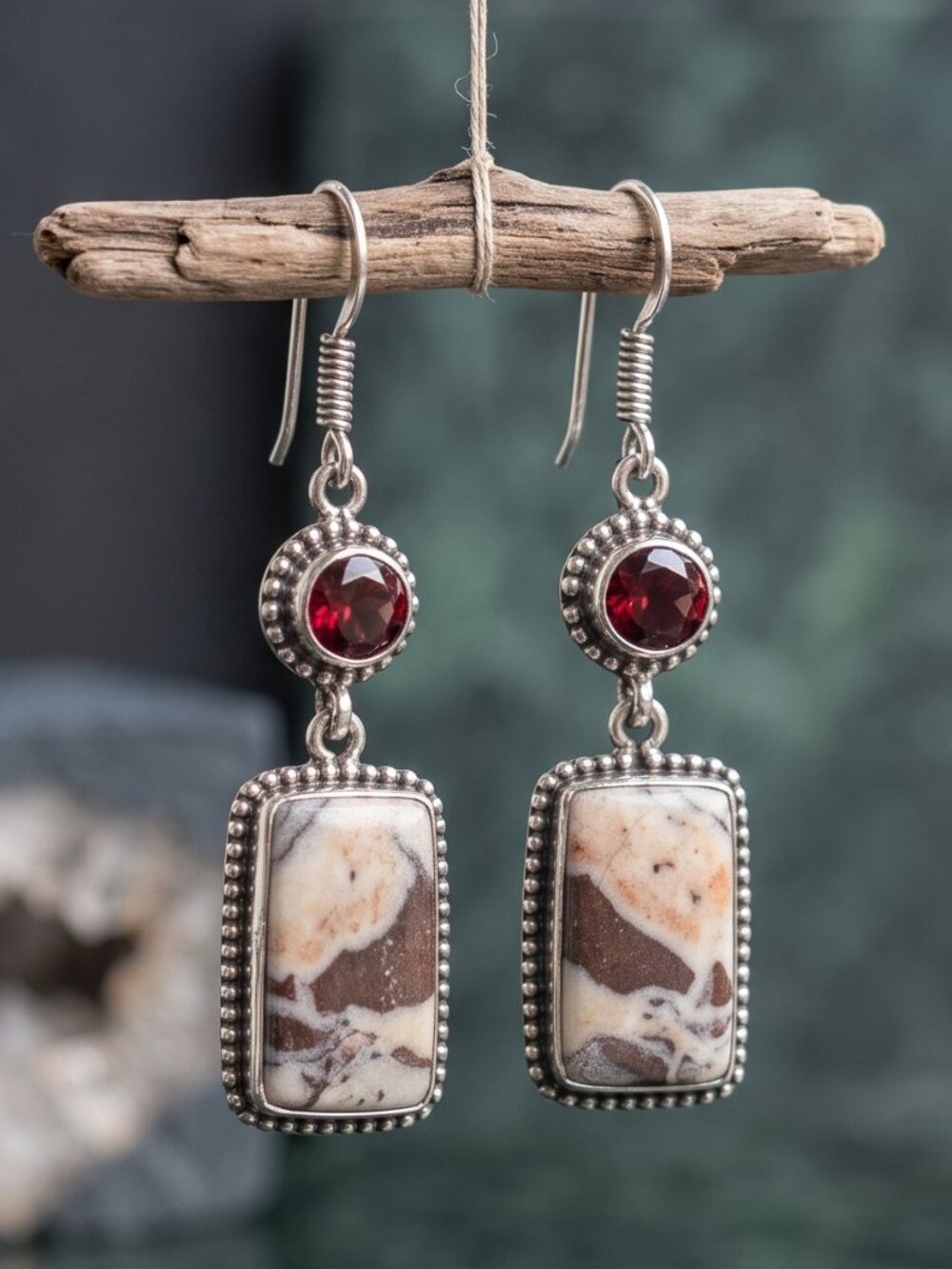 Wild Horse Jasper Garnet 925 Sterling Silver Drop Earrings Artisan Earthy 2.35"